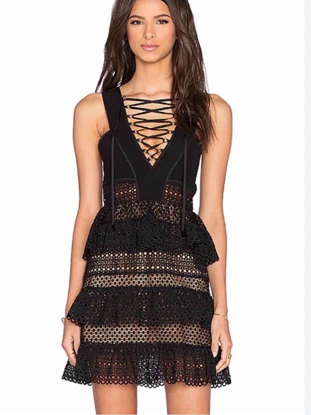 Self Portrait Lace Up Tiered Dress Black US 4 UK 8